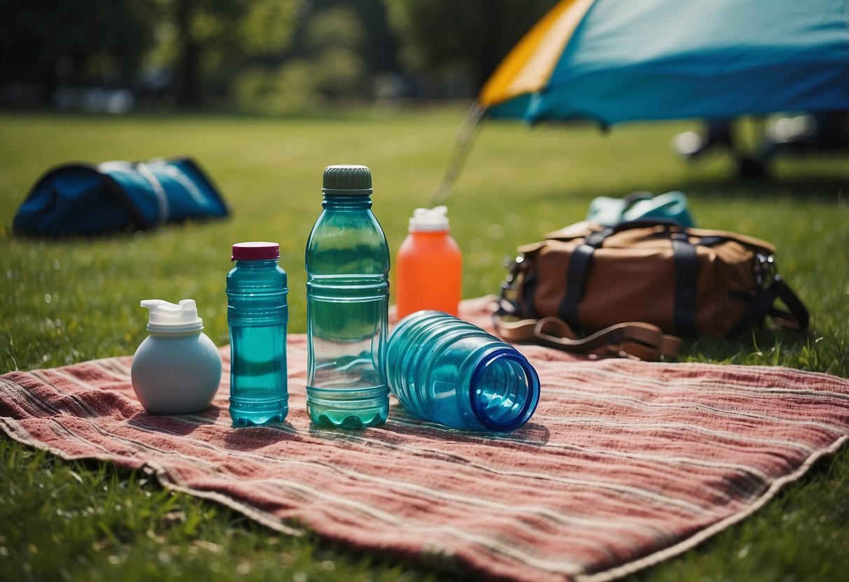 A picnic blanket spread out on green grass, with a selection of colorful reusable water bottles and picnic essentials neatly arranged