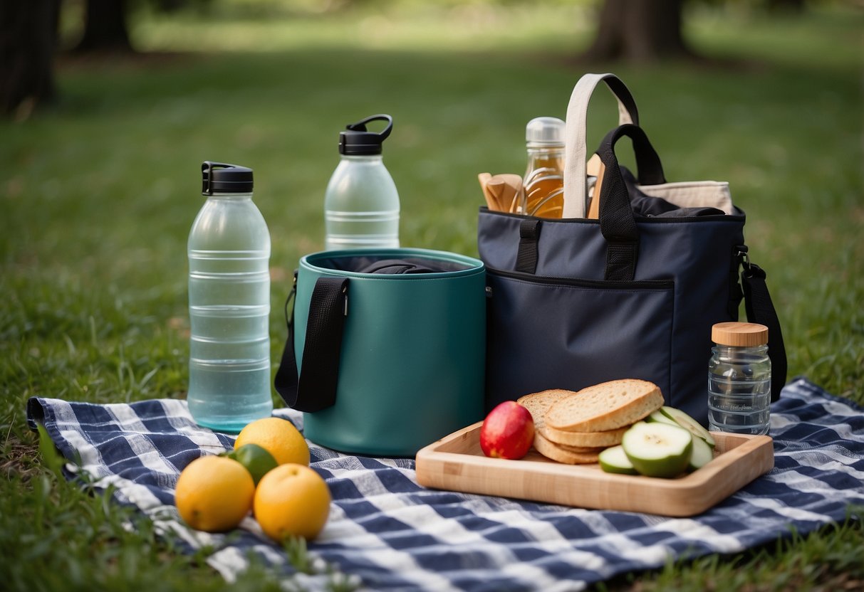 A picnic blanket spread with reusable containers, cloth napkins, and bamboo utensils. A small compost bin sits nearby, surrounded by reusable water bottles and a tote bag for collecting any waste