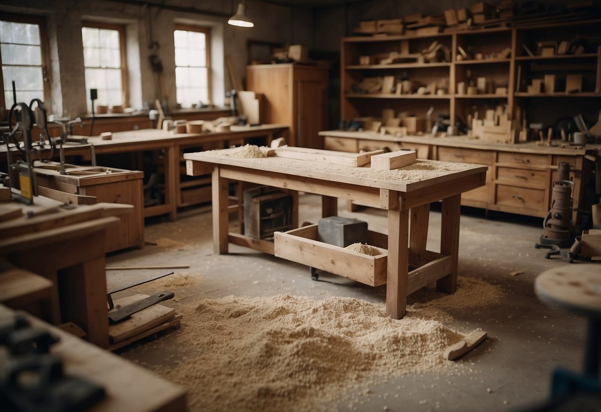 A cluttered workshop with various unfinished furniture pieces on workbenches and shelves. Sawdust and wood shavings cover the floor