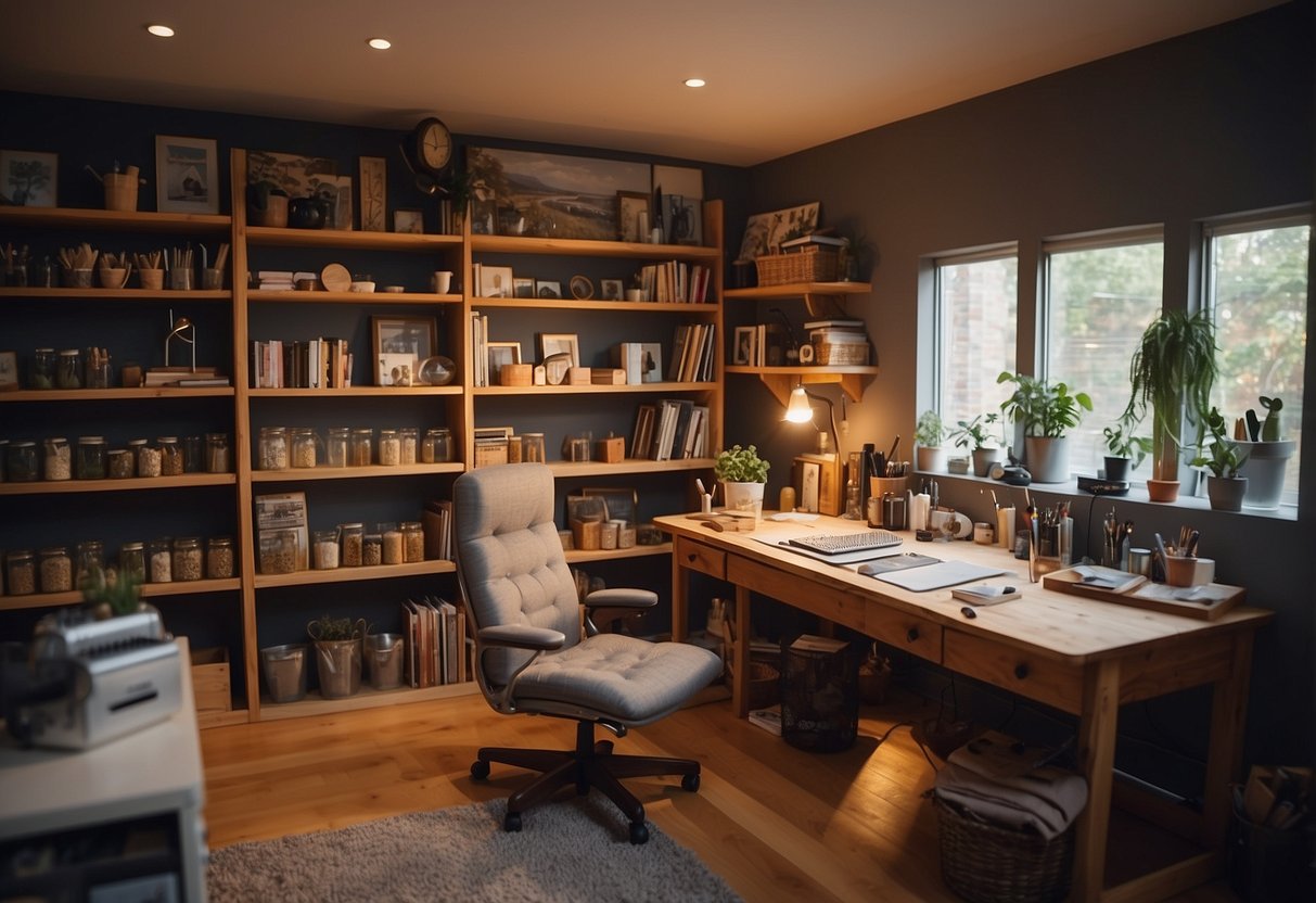 A cozy home art studio with a large wooden desk, shelves filled with art supplies, a comfortable chair, and soft lighting