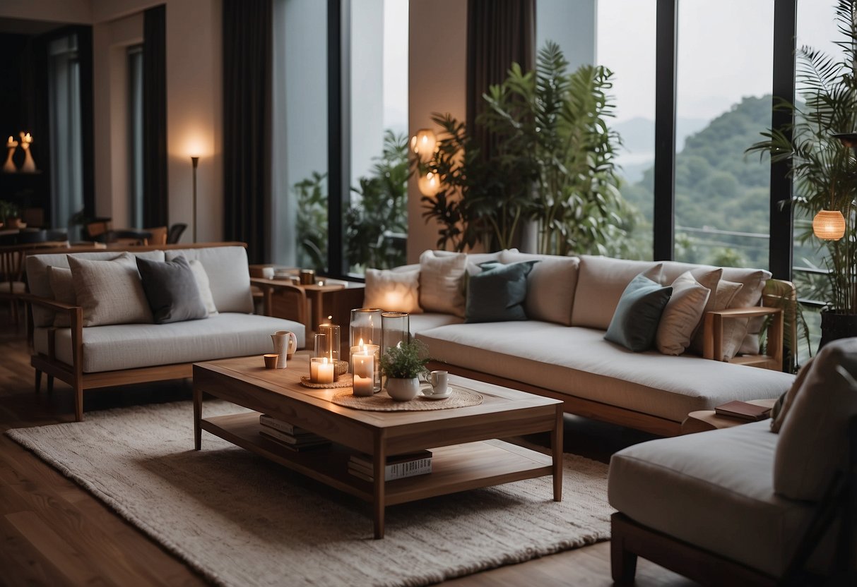 A cozy living room with modern Kawah furniture, soft lighting, and a serene ambiance