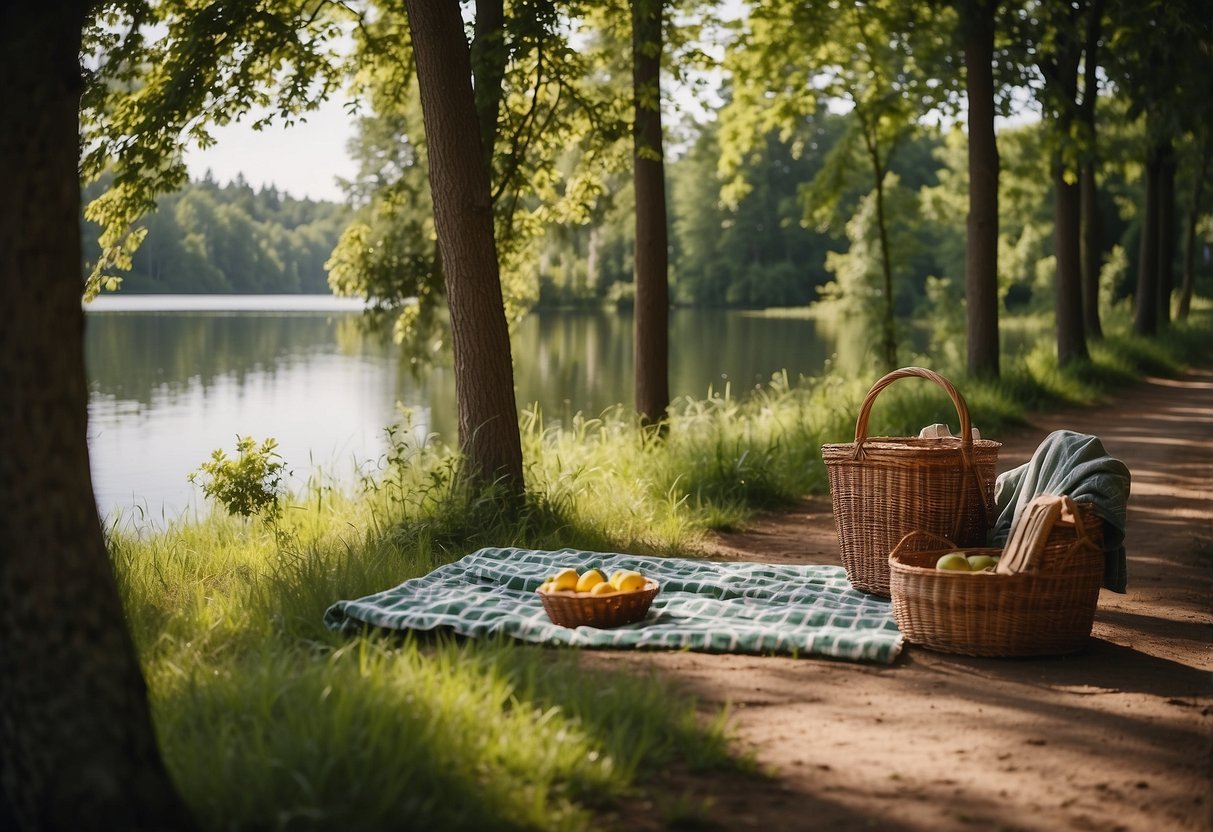 Lush greenery surrounds calm lakes with picnic blankets and baskets. Trees provide shade as families enjoy the serene atmosphere