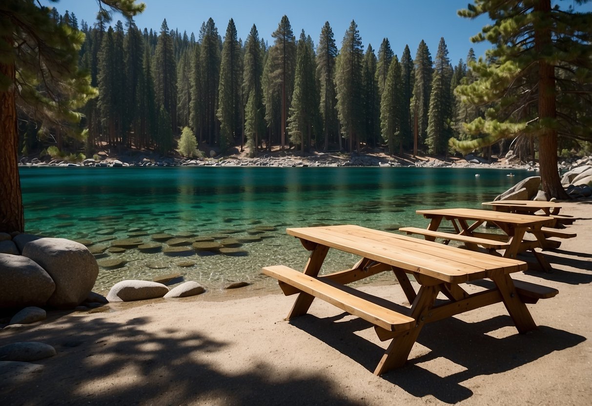 The sun glistens on the crystal-clear waters of Lake Tahoe, surrounded by lush greenery and towering pine trees. Picnic tables sit nestled along the shoreline, offering breathtaking views of the serene lake