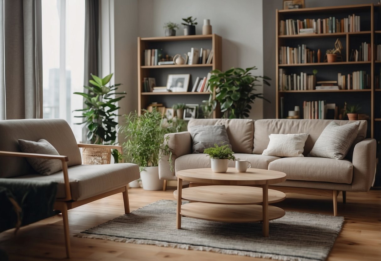 A cozy living room with modern Kawah furniture. Bright natural light, plants, and a bookshelf in the background