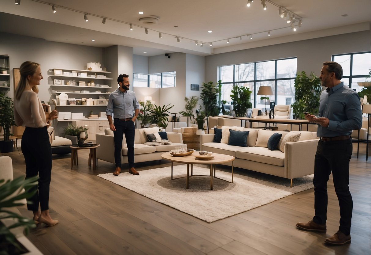 A spacious showroom with modern furniture displays and a friendly salesperson assisting a couple in choosing the perfect pieces for their home