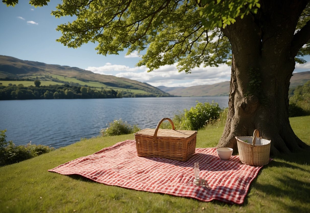 A serene lake surrounded by lush greenery, with a distant view of the famous Loch Ness in Scotland. A picnic blanket laid out under a shady tree, with a basket of food and drinks nearby