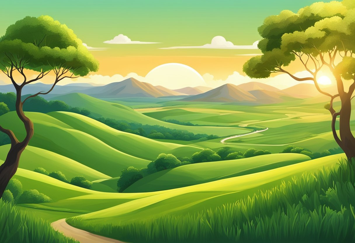 A lush green landscape with rolling hills, trees, and a winding river. The sun is setting, casting a warm golden glow over the land