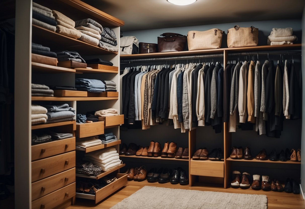 A cluttered closet with shelves, hangers, and drawers filled with clothes and accessories
