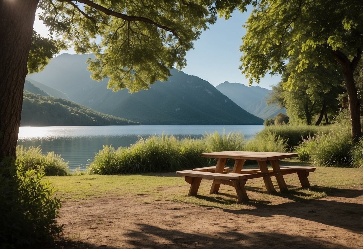 Lush greenery surrounds a serene lake, with colorful wildlife and vibrant flora. A picnic blanket is spread out under a shady tree, with mountains in the distance