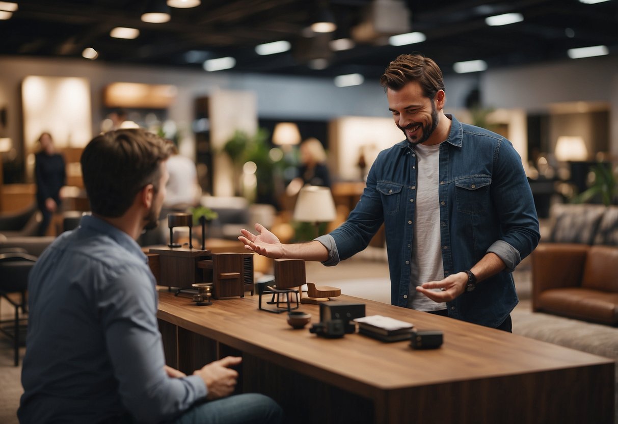 A customer browsing through a variety of furniture options, with a helpful staff member nearby answering questions and providing assistance