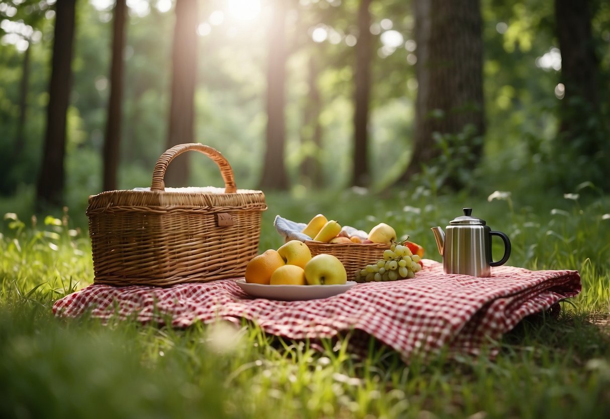 A serene forest clearing with a checkered picnic blanket spread out on the lush green grass, surrounded by tall trees and wildflowers. A wicker basket filled with fruits, sandwiches, and a thermos of tea sits in the center