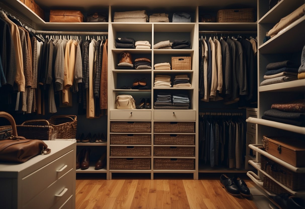 A cluttered closet with shelves, drawers, and hanging rods. Various clothing items and accessories are neatly organized within the furniture