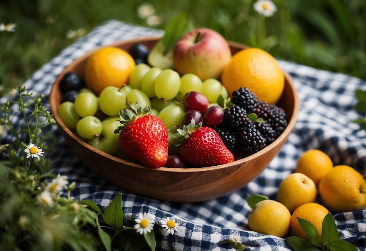 A colorful array of fresh fruits arranged in a wooden bowl on a checkered picnic blanket, surrounded by lush greenery and wildflowers