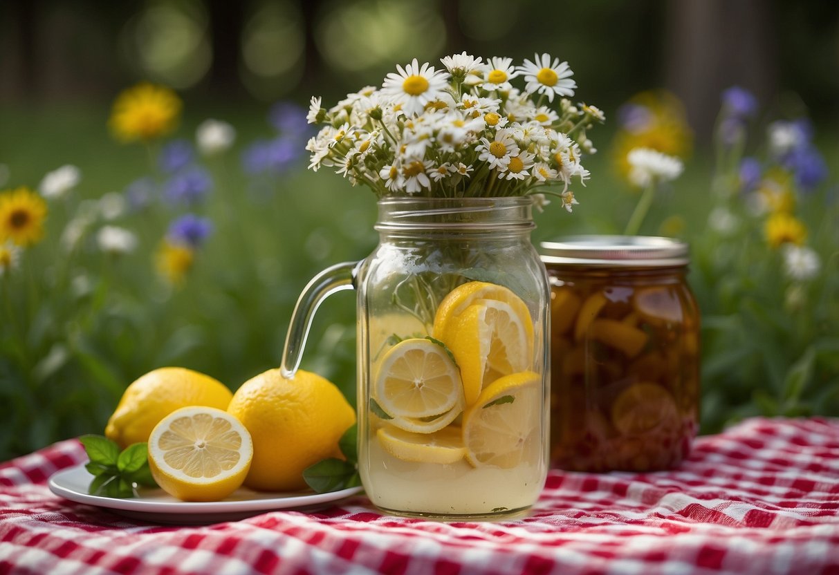 A mason jar filled with freshly squeezed lemonade sits on a checkered picnic blanket surrounded by a basket of sandwiches and a bouquet of wildflowers