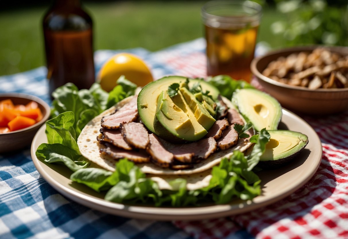 Fresh green avocado and sliced turkey lay on a soft tortilla. A colorful array of vegetables and lettuce surround the ingredients. The scene is set on a checkered picnic blanket in a lush, green nature setting