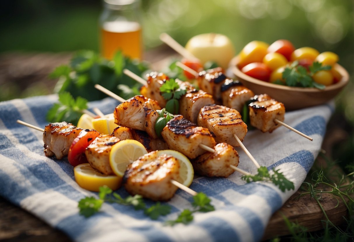 Juicy chicken skewers marinated in herbs, arranged on a picnic blanket surrounded by nature walk essentials