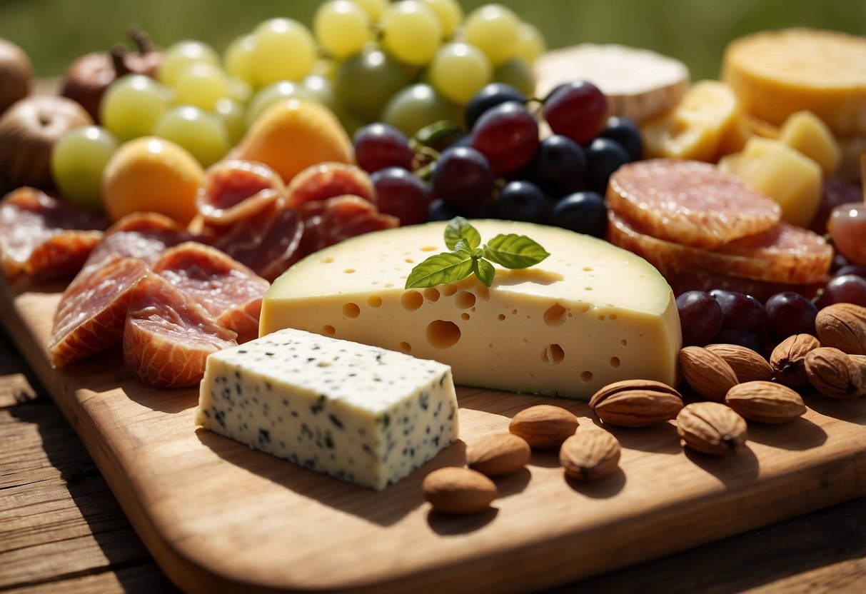 A wooden board with an assortment of cheeses, cured meats, fruits, and nuts arranged in an appealing display for a picnic