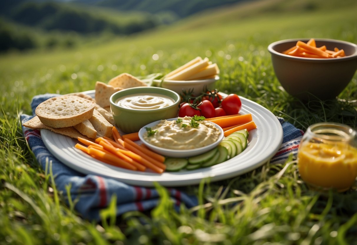 A picnic blanket spread out on lush green grass, with a colorful array of veggie sticks arranged around a bowl of creamy hummus. A serene nature trail winds through the background