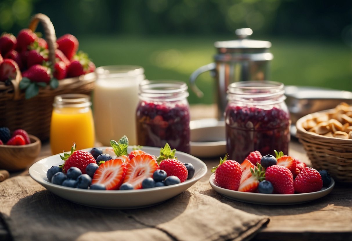 A table set with berry parfaits, surrounded by nature walk essentials like a picnic basket, water bottles, and a map