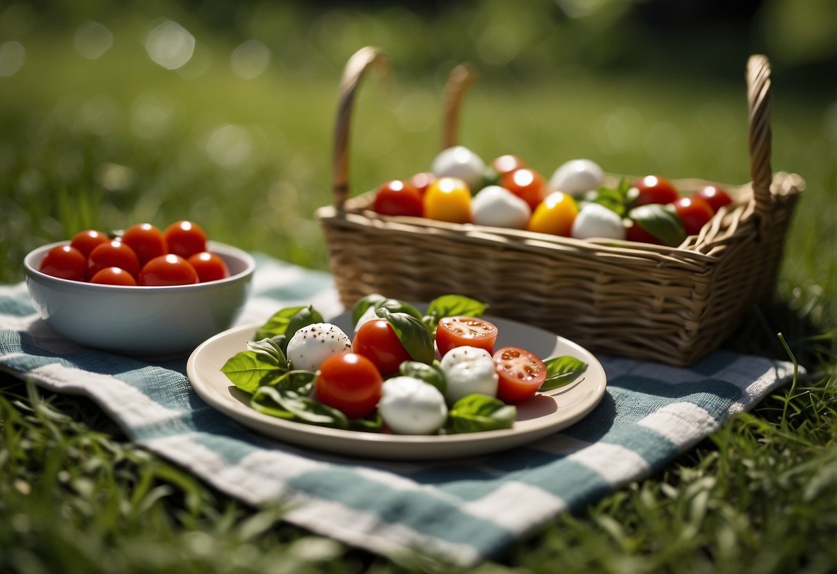 A picnic blanket spread on green grass with a basket of mini Caprese salad skewers, surrounded by trees and a winding nature trail