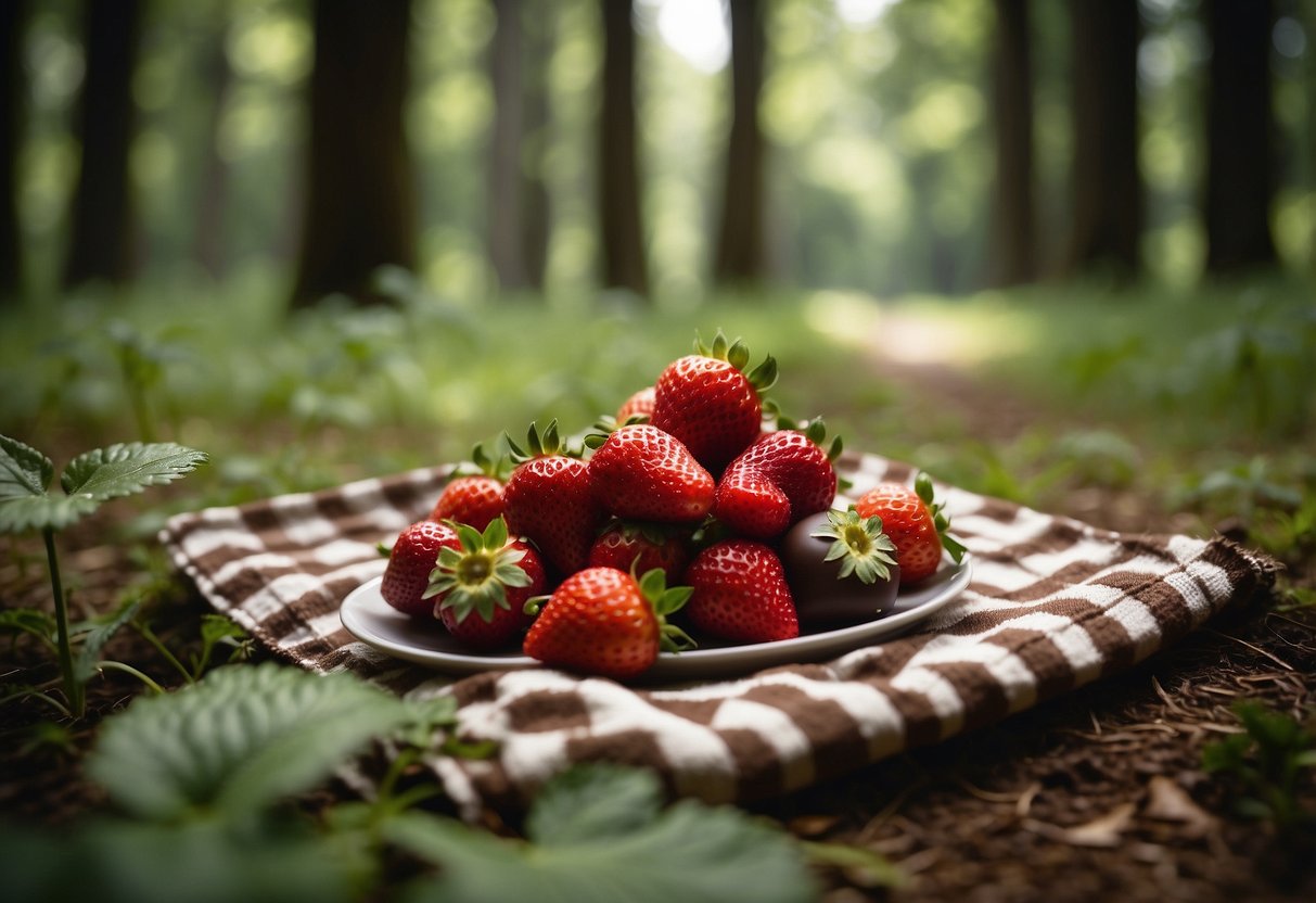 Fresh strawberries dipped in rich, dark chocolate, arranged on a checkered picnic blanket surrounded by a lush green forest and a winding nature trail