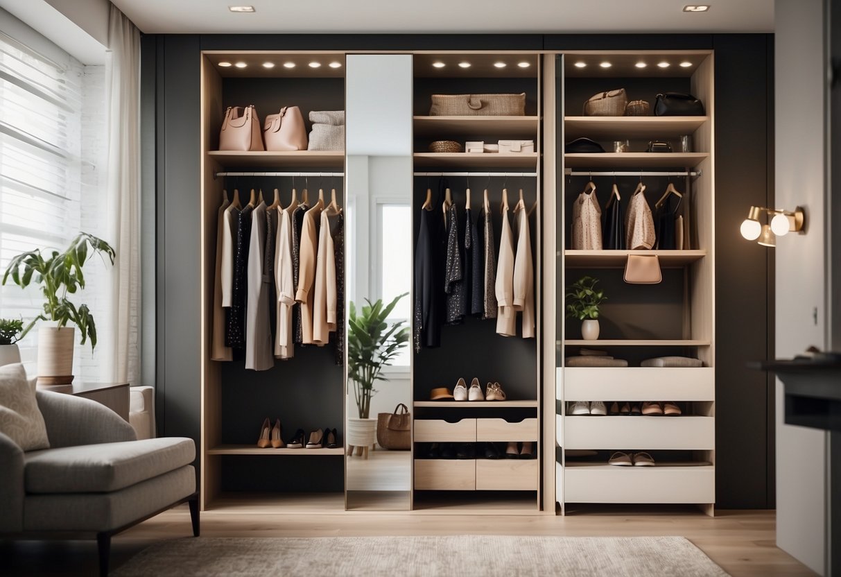 A closet with adjustable shelves, drawers, and hanging rods. Bright lighting and a mirror for trying on clothes