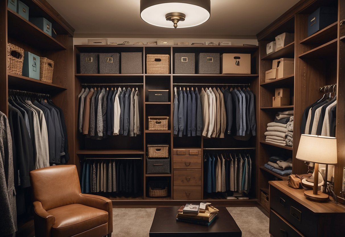 A closet filled with neatly organized furniture, labeled "Frequently Asked Questions." Shelves hold various items, while a sign hangs above, inviting curiosity