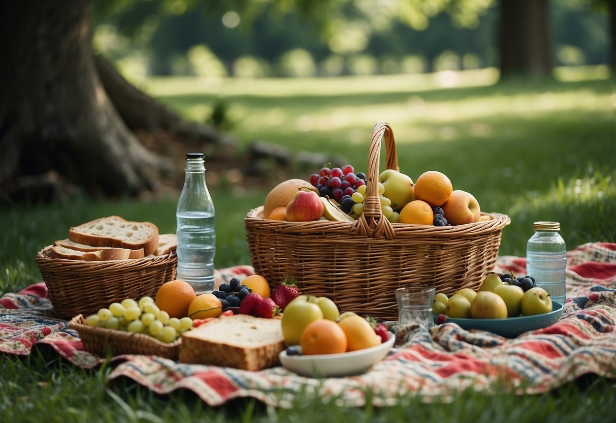 A picnic blanket spread on lush grass, surrounded by trees. A wicker basket filled with fruits, sandwiches, and water bottles. A serene nature trail in the background