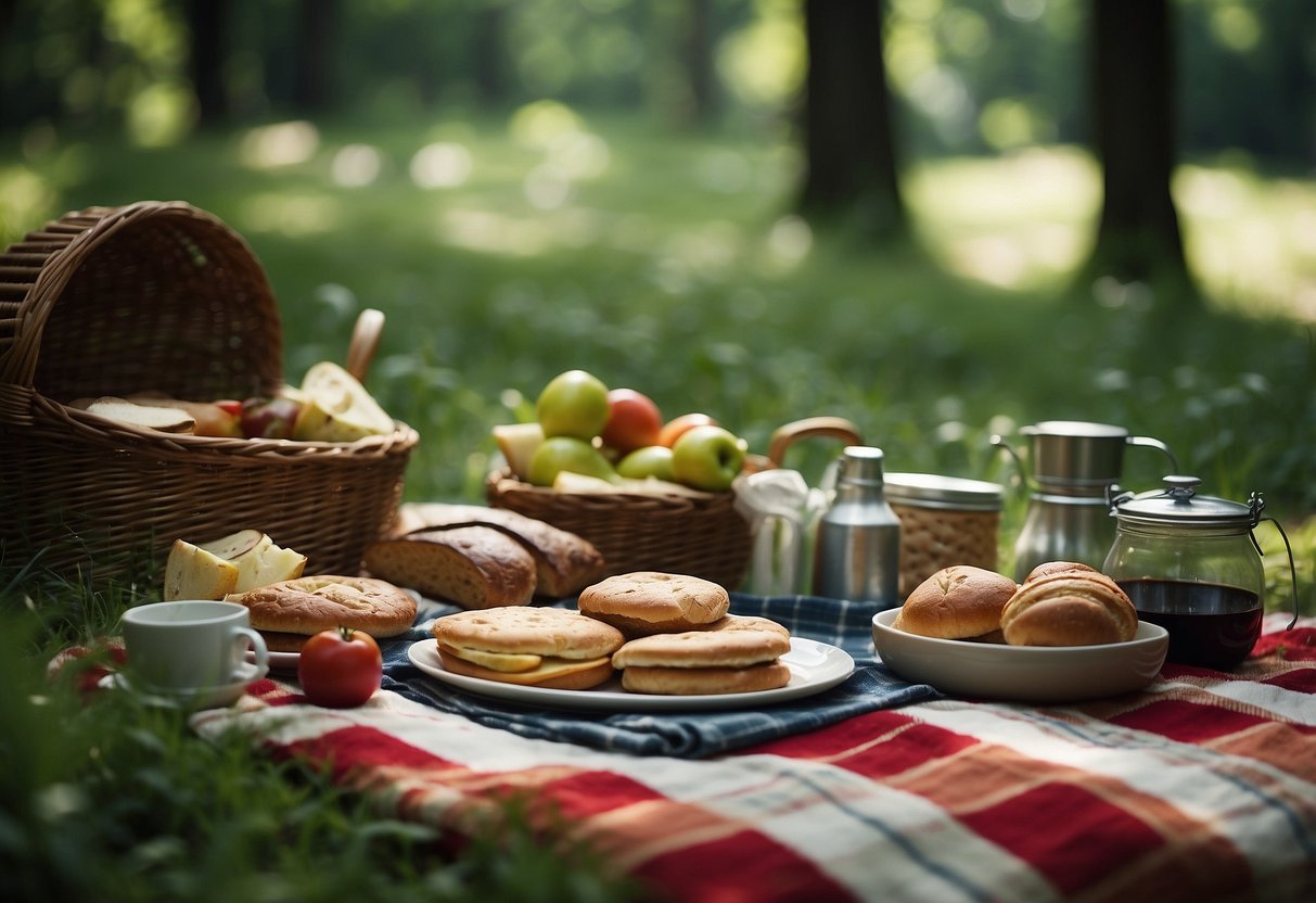 A group of picnic items laid out on a checkered blanket in a lush, green forest clearing. Surrounding trees and wildlife create a serene and peaceful atmosphere