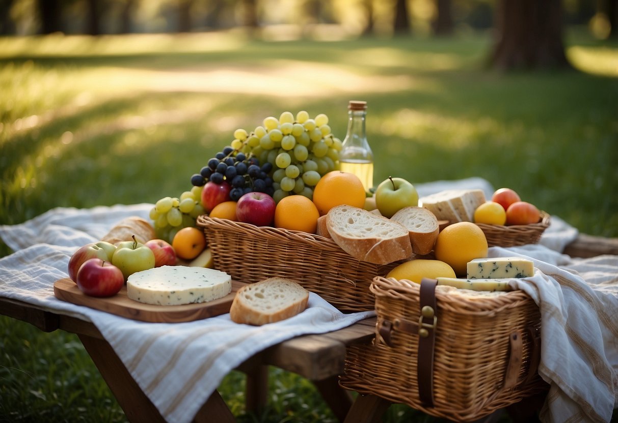 A colorful picnic blanket spread with fresh fruits, vegetables, and artisanal bread. Nearby, a wicker basket overflows with locally sourced cheeses and preserves. Sunlight filters through the trees, casting dappled shadows on the scene