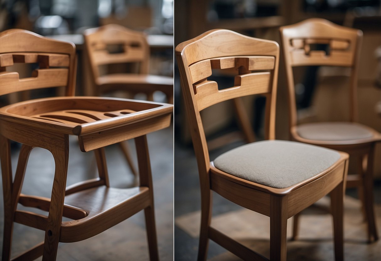 A wooden chair being transformed into a stylish shelf, with three unique eyelid-shaped cutouts, showcasing the art of upcycling in furniture