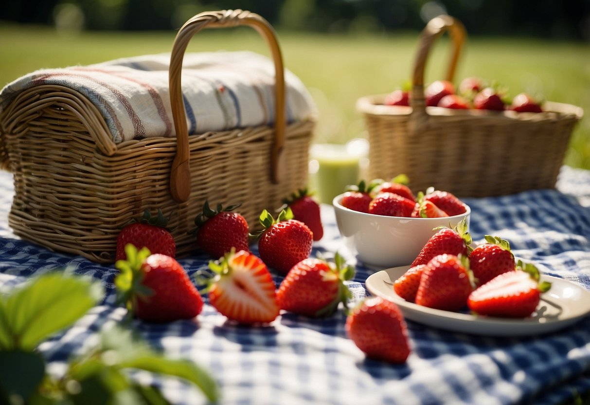 A picnic blanket spread with fresh organic strawberries, surrounded by local produce. Berry Blast logo in the corner. Sunny, green park setting