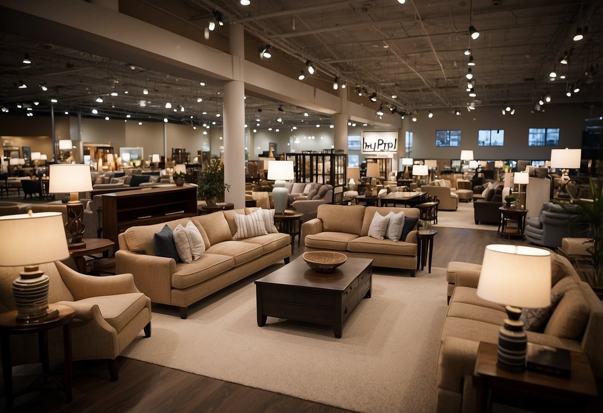 The high point furniture outlet is bustling with customers browsing through the various displays of sofas, beds, and dining sets. The bright lights and modern decor create an inviting atmosphere for shoppers