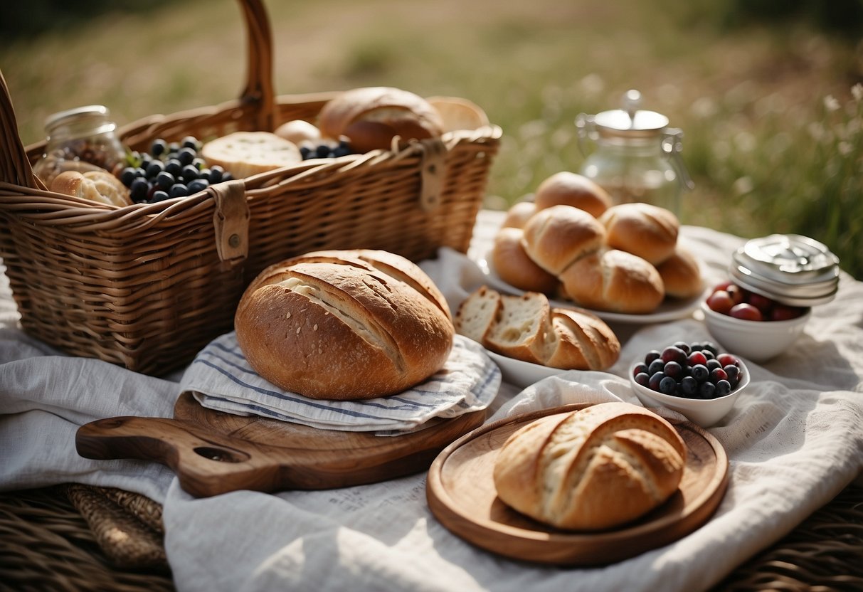 A rustic picnic spread with artisan bread, local produce, and a handwritten list of tips. Baskets, jars, and a checkered blanket complete the scene