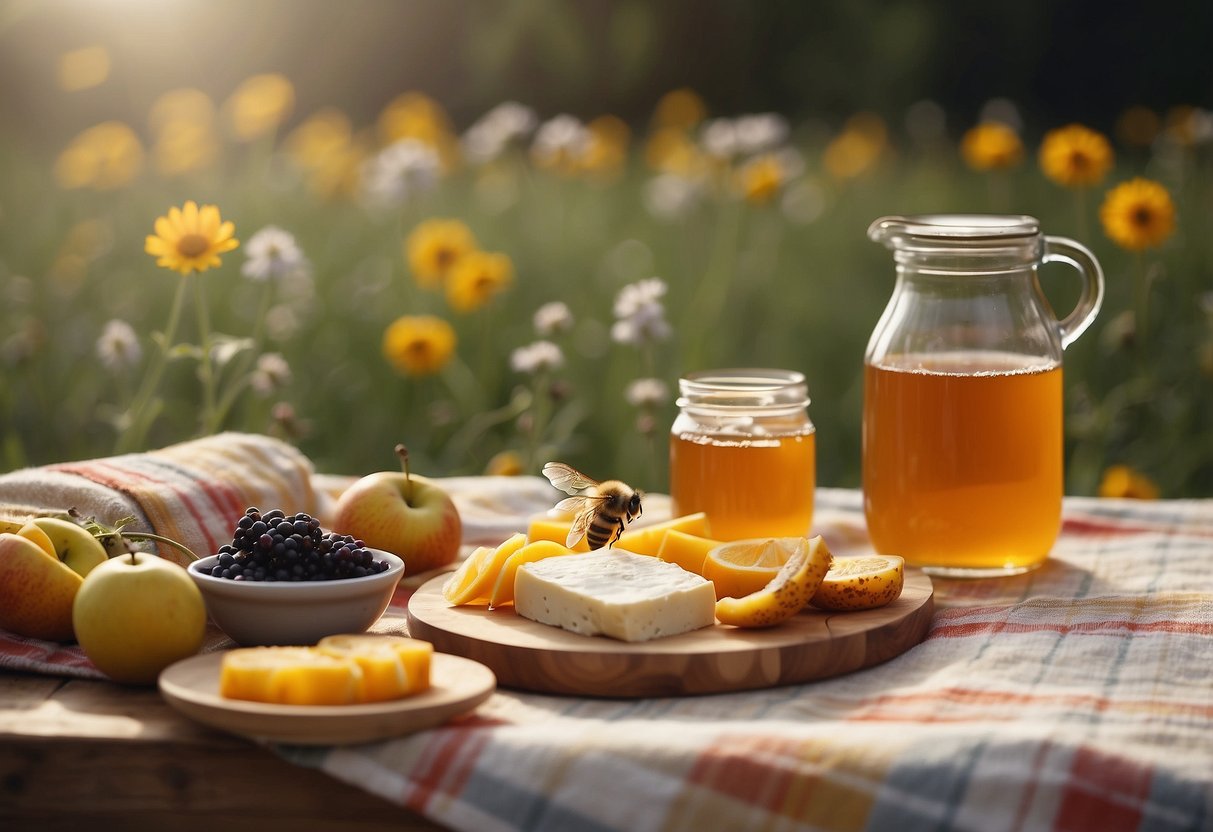 A picnic blanket spread with local fruits, cheeses, and a jar of honey. Bees buzz around a nearby wildflower patch. A handwritten sign reads "Local Honey by Bee Delight."