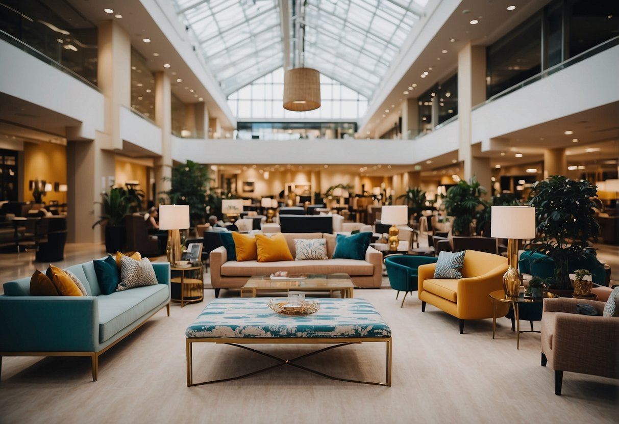 A bustling landscape of furniture showrooms, with vibrant displays and eager shoppers, set against the backdrop of High Point's skyline