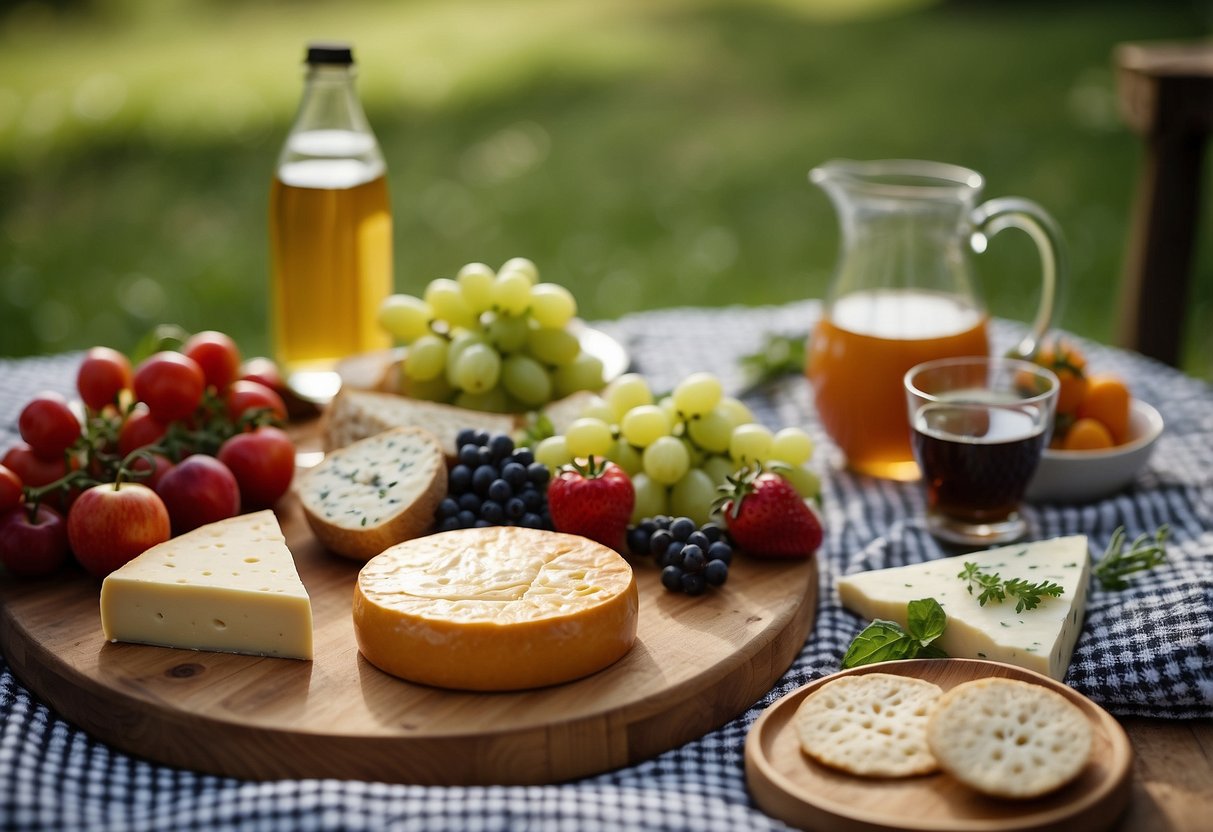 A rustic picnic spread with local cheese, fruits, and vegetables on a checkered blanket in a lush green meadow. A quaint dairy home sits in the background