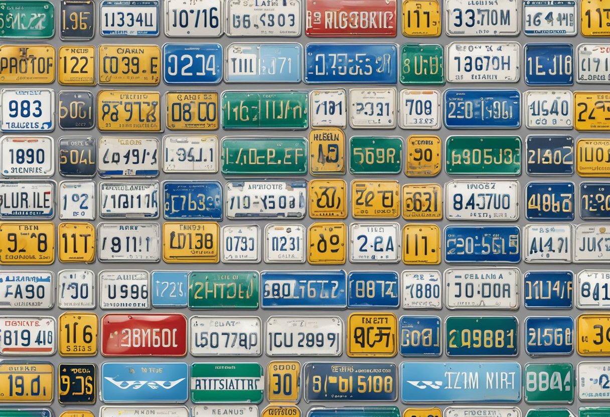 An aerial view of various German license plates arranged in a grid pattern