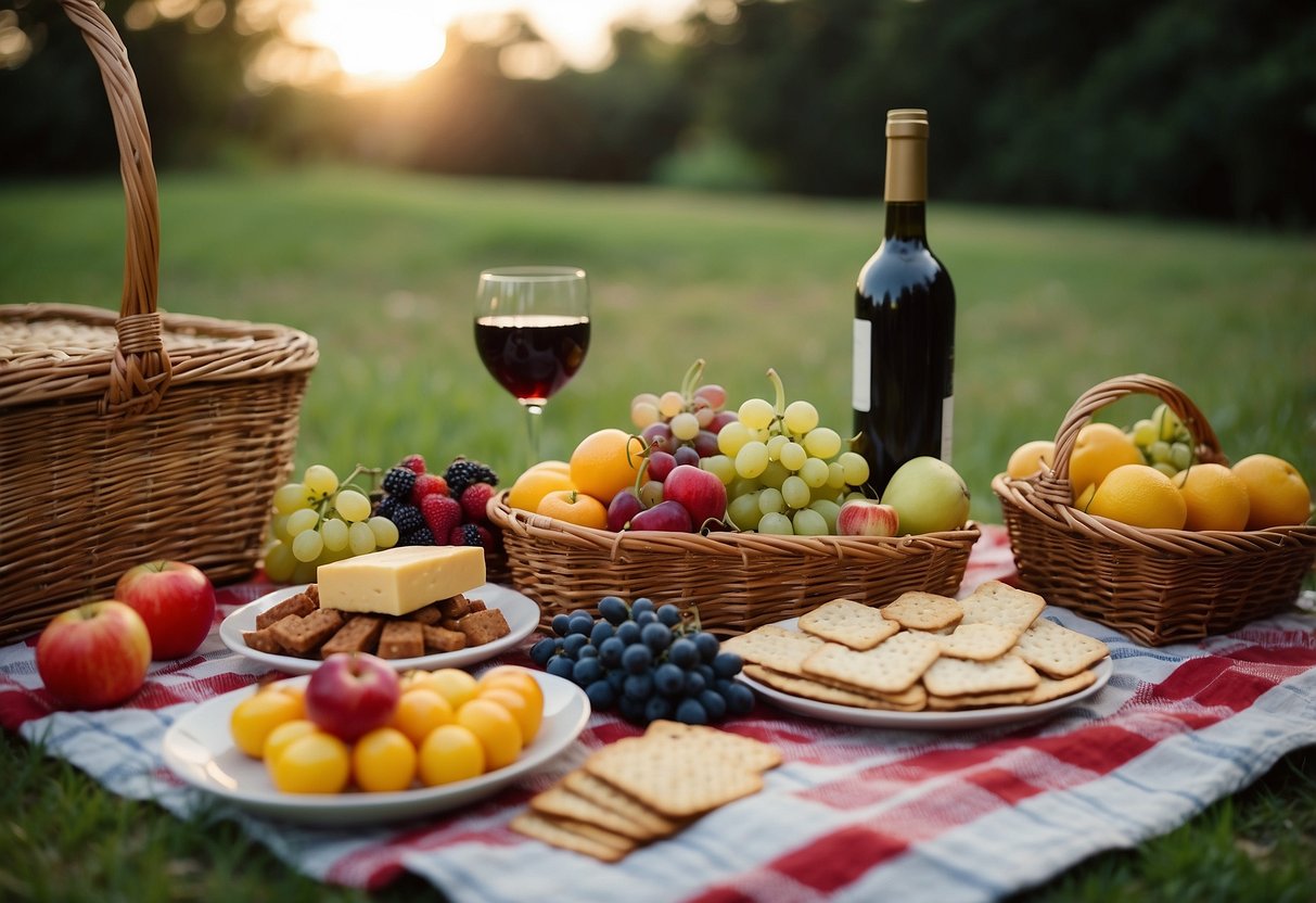 A picnic blanket spread with local fruits, veggies, and a variety of Crunchy Snackery crackers, with a basket and a bottle of local wine nearby