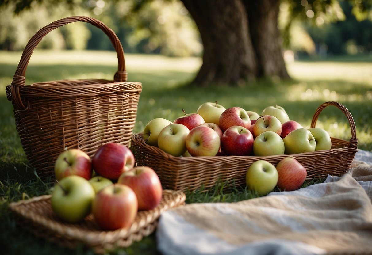 A rustic picnic blanket is spread out under a shady apple tree, surrounded by baskets of freshly picked apples from the nearby Apple Grove. A handwritten sign reads "7 Tips for a Picnic with Local Produce."