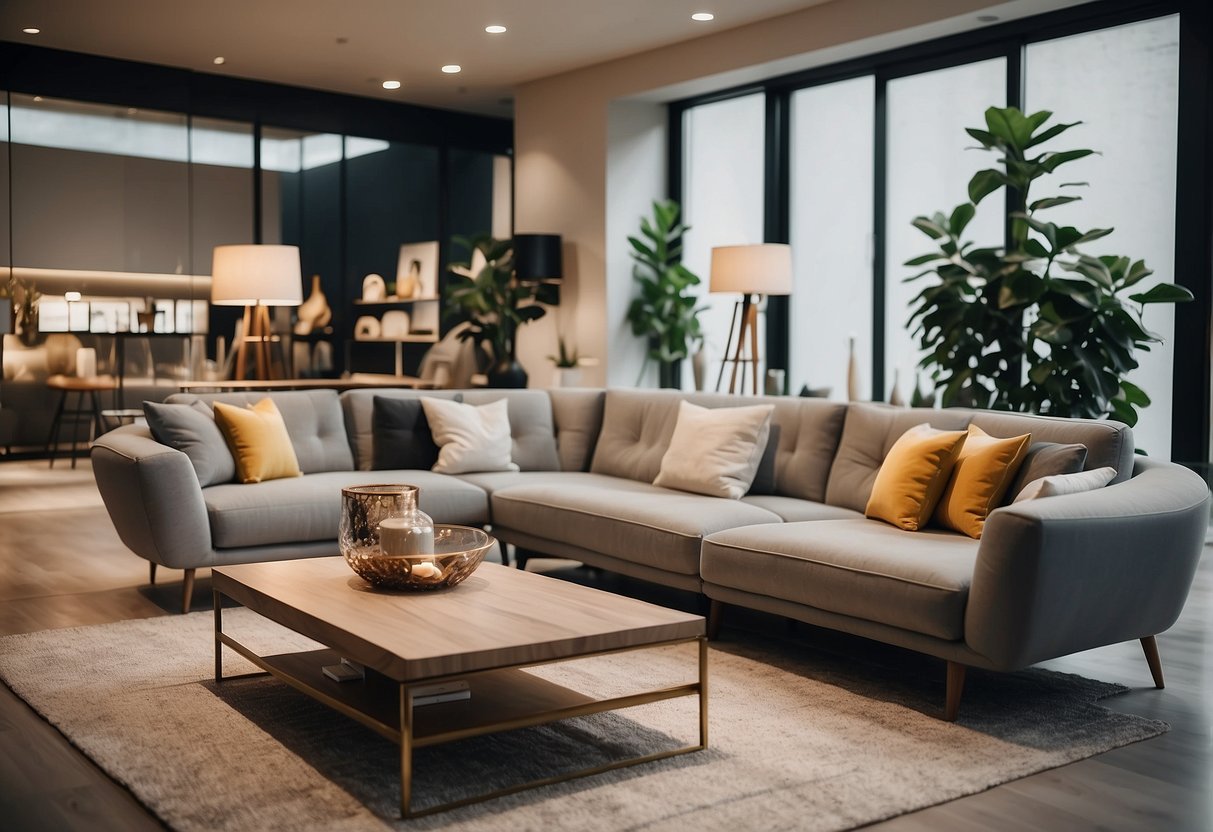 A display of modern furniture and home decor items arranged in a spacious showroom with bright lighting and clean, minimalist design