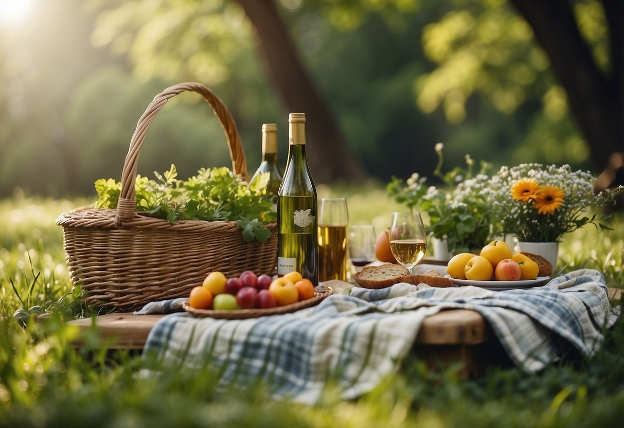 A lush green meadow with a babbling brook, surrounded by blooming wildflowers and shaded by towering trees. A picnic blanket is spread out with a basket of fresh local produce and a bottle of wine