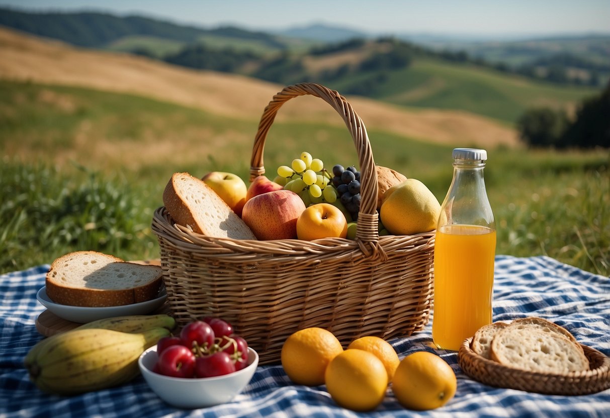 A wicker picnic basket filled with local fruits, vegetables, and artisanal bread. Reusable utensils, cloth napkins, and a sustainable water bottle. A blanket spread out on the grass with a view of rolling hills and a clear blue sky