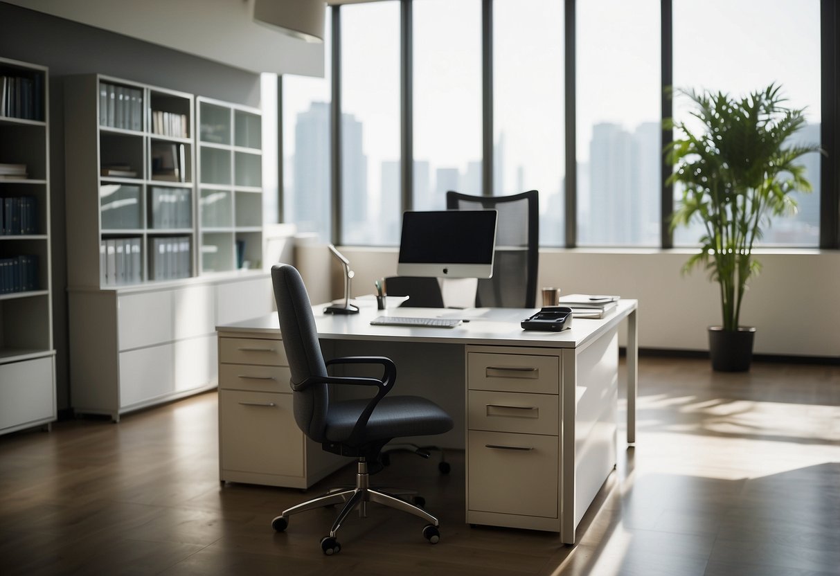 The office furniture articles were neatly arranged, with a sleek desk, ergonomic chair, filing cabinet, and modern bookshelf. The room was bathed in natural light, casting a warm glow over the furniture