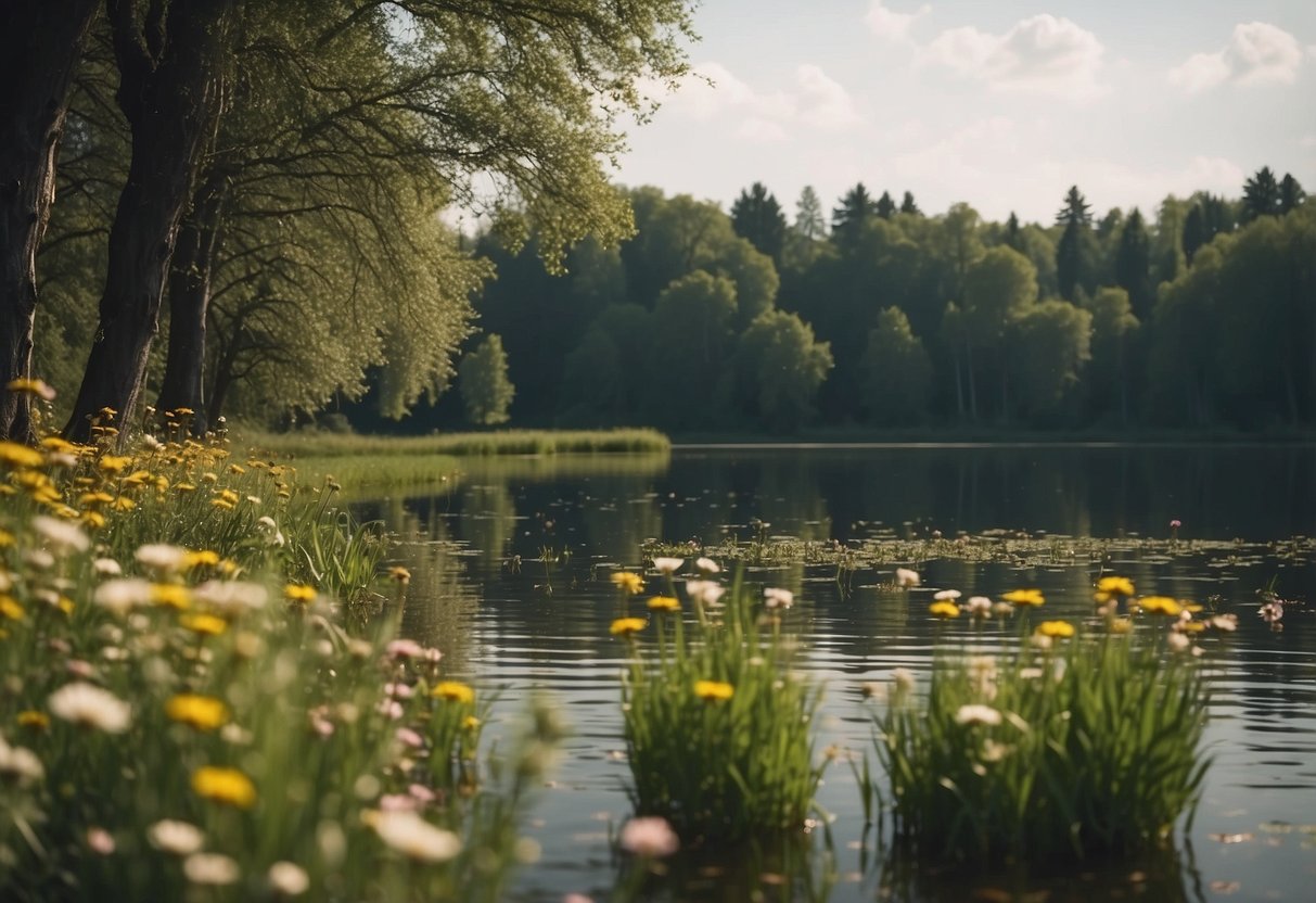 Lush meadows with blooming flowers and tall trees surround a tranquil lake. Colorful birds flit among the branches, while others wade in the shallow water, creating a perfect setting for bird watching