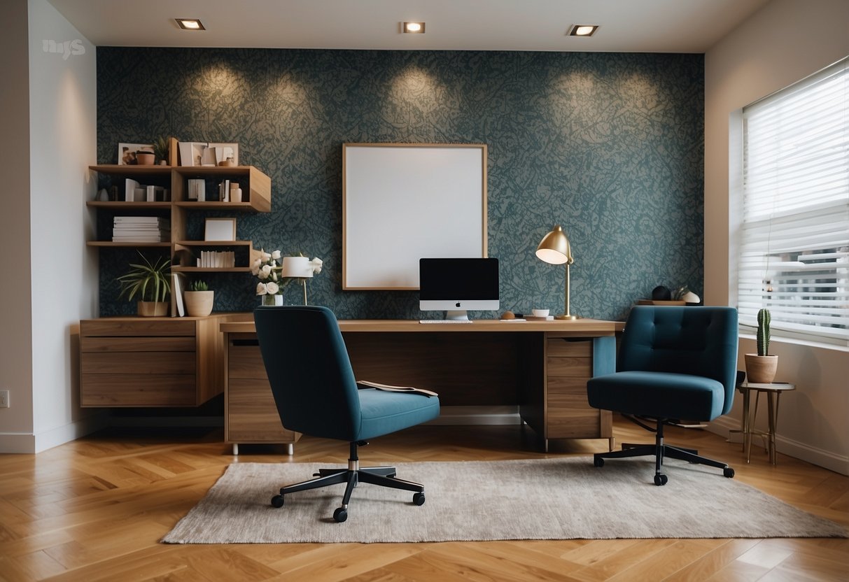 An office with modern furniture against a backdrop of patterned wallpaper