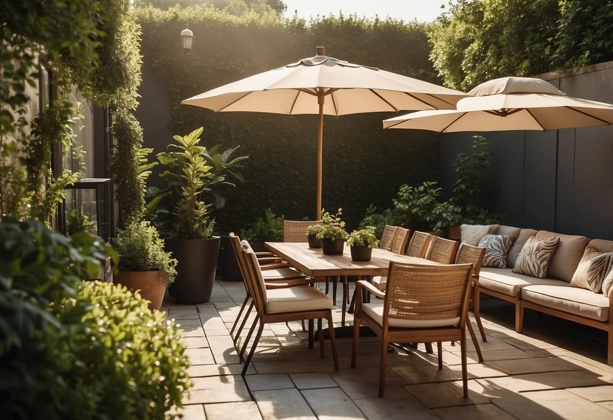 A sunny patio with sleek, modern outdoor furniture, including tables, chairs, and umbrellas, surrounded by lush greenery and potted plants