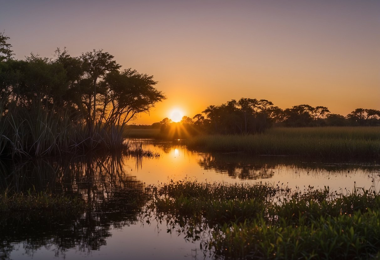 The sun sets over the tranquil Everglades, casting a warm glow on the marshes and mangroves. Colorful birds flock to the water's edge, creating a picturesque scene for birdwatchers