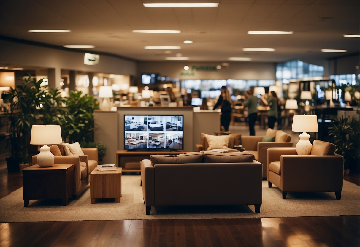 A bustling furniture outlet with customers browsing, staff assisting, and a prominent "Frequently Asked Questions" sign displayed
