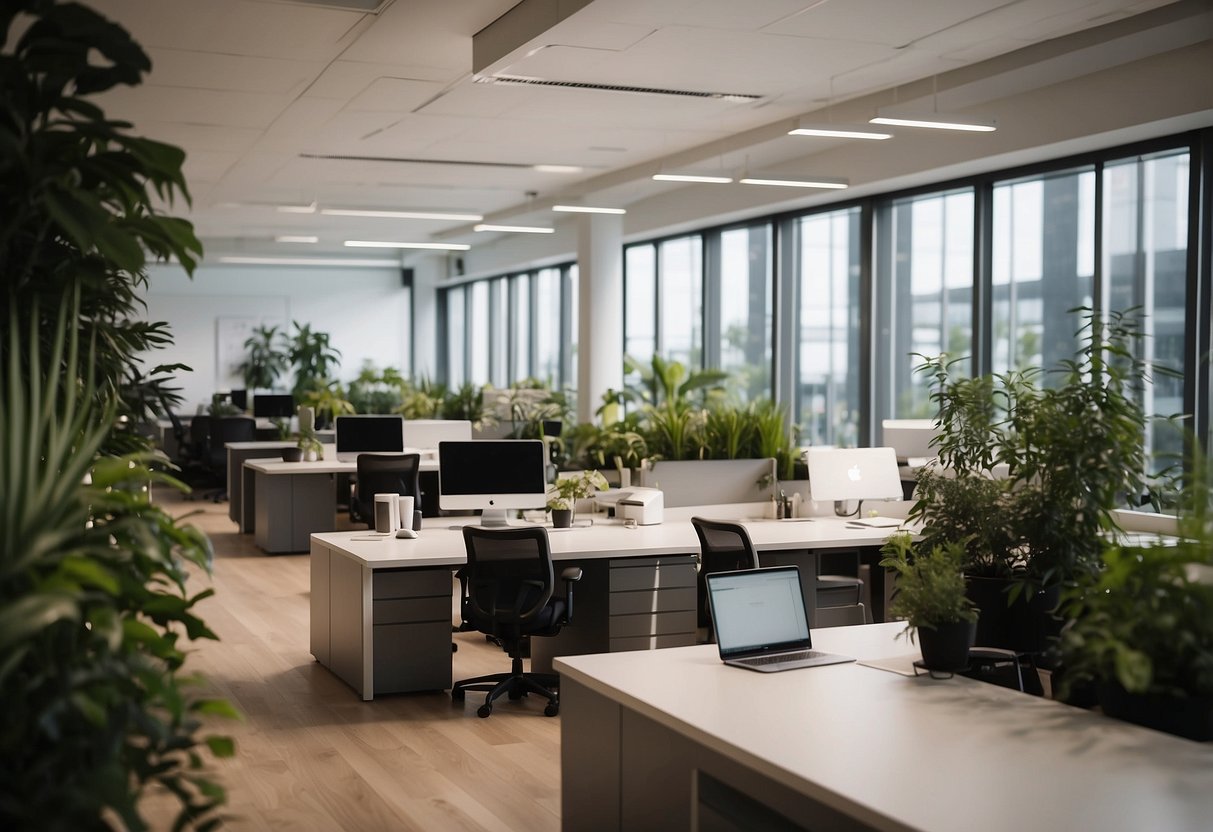 A modern, open-plan office space with ergonomic desks, adjustable chairs, and natural lighting. Plants and artwork add a touch of nature and creativity